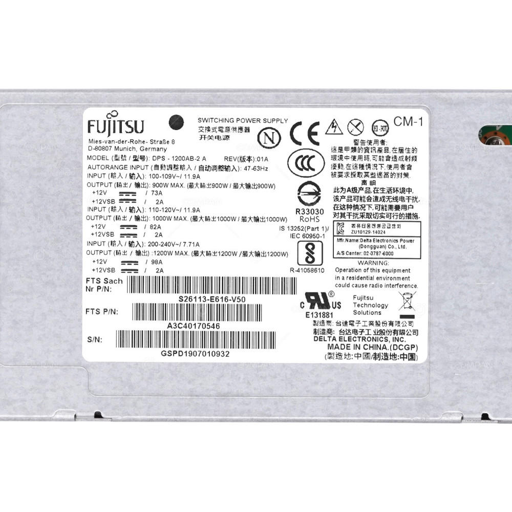 A3C40170546  FUJITSU 1200W POWER SUPPLY FOR PRIMERGY RX2530 RX2540 M2 M4 M5